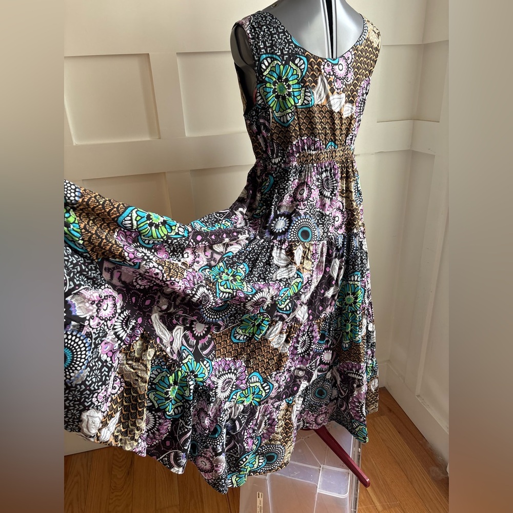 Italian Cotton Floral Maxi Dress with Teal & Purple Blooms Medium